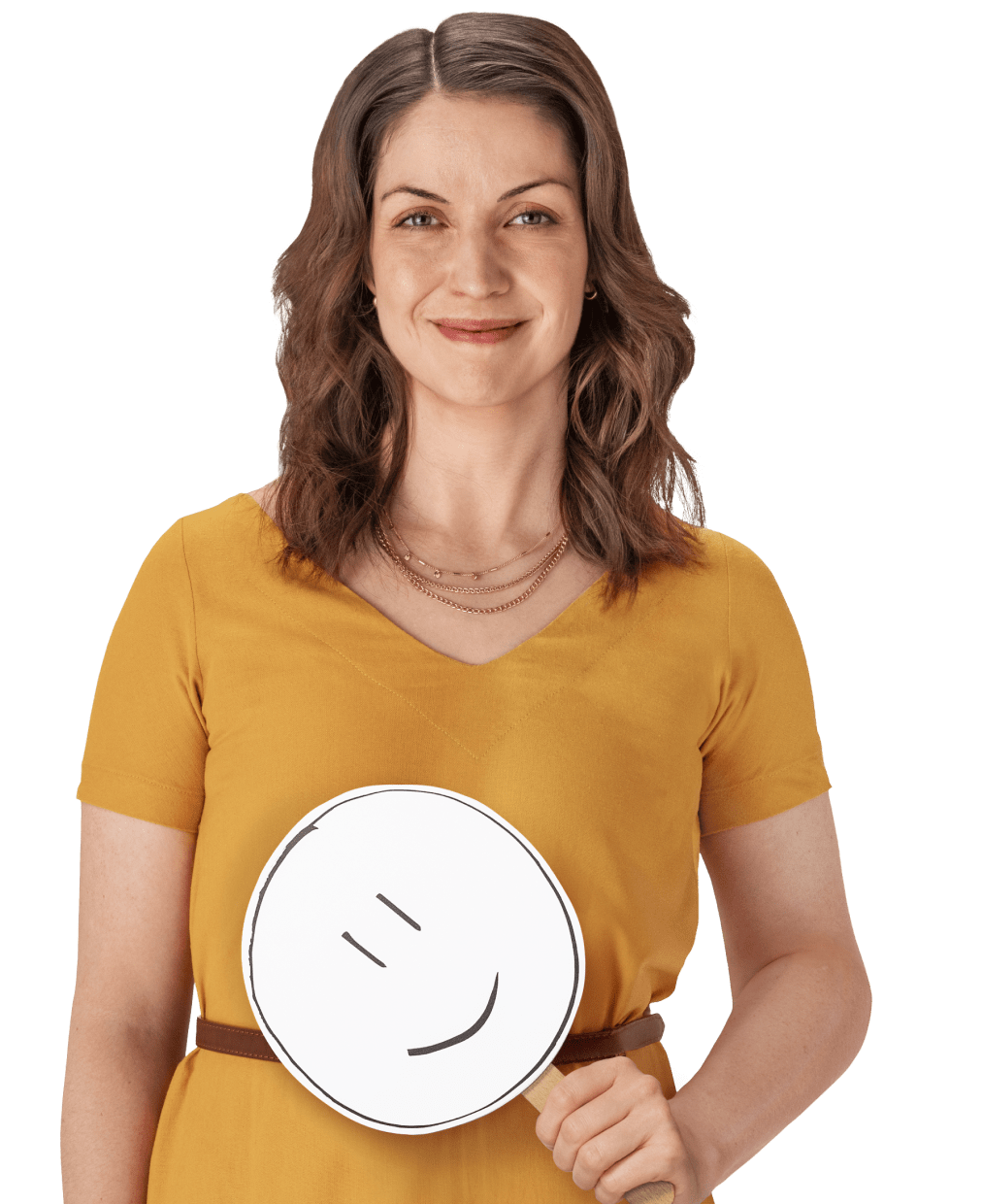 Female REXULTI user smiling while holding smiley face sign.